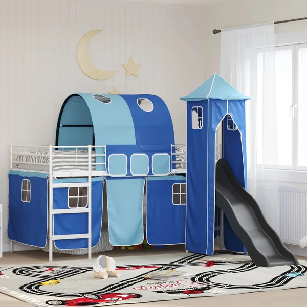 Lit mezzanine pour enfants Uni Blanc et bleu 90 x 200 cm métal