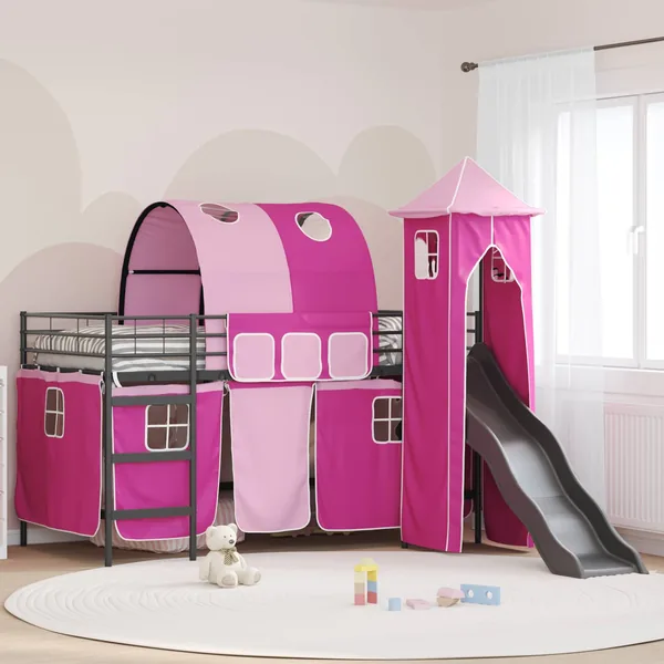 Lit mezzanine pour enfants Uni Noir et rose 107 x 203 cm métal