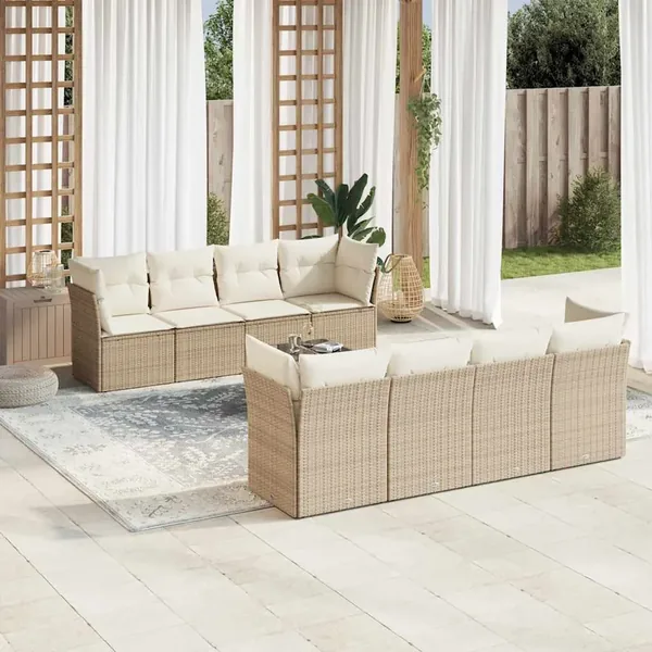 Salon de jardin avec coussins 9 pcs beige résine tressée
