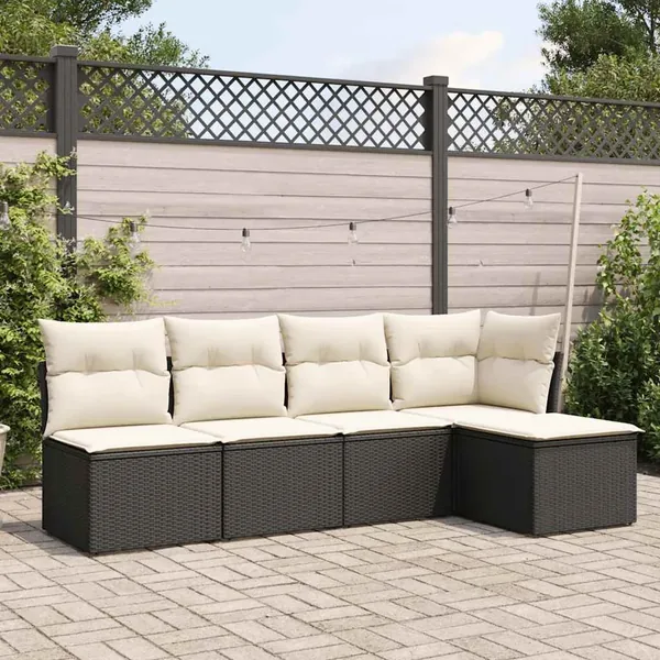Salon de jardin 5 pcs avec coussins noir résine tressée