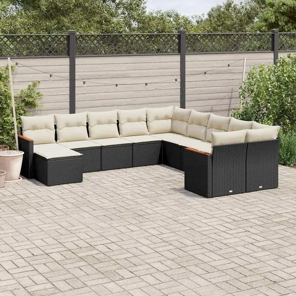 Salon de jardin 11 pcs avec coussins noir résine tressée