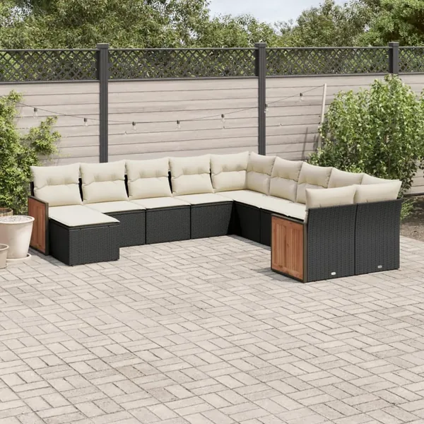Salon de jardin 11 pcs avec coussins noir résine tressée