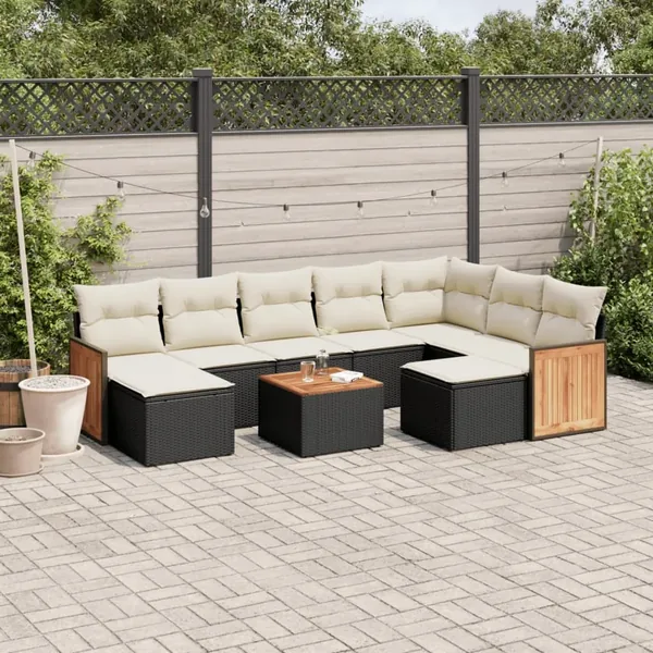 Salon de jardin 10 pcs avec coussins noir résine tressée