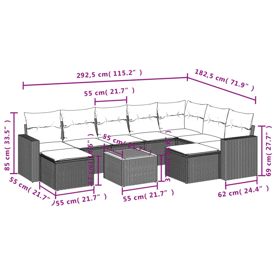 Salon de jardin 10 pcs avec coussins noir résine tressée - 3