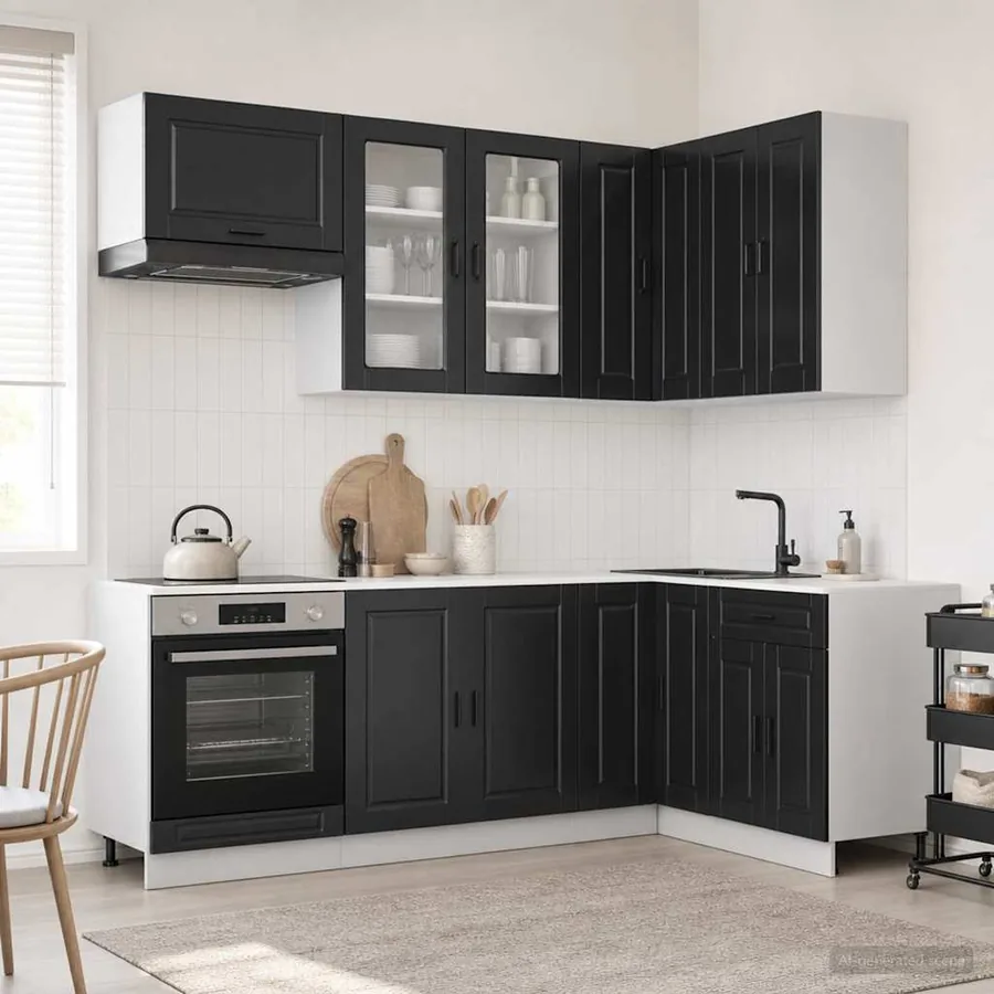 Unité de cuisine PORTO 8 pcs Noir Bois d'ingénierie