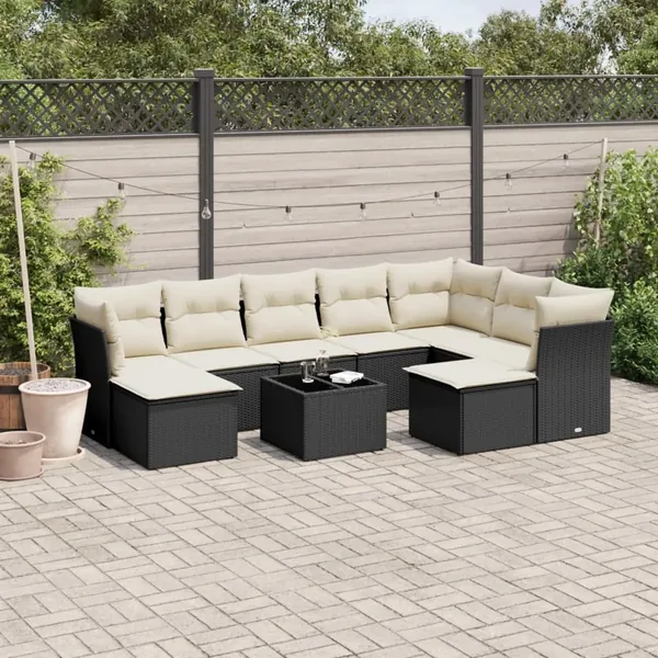 Salon de jardin 10 pcs avec coussins noir résine tressée
