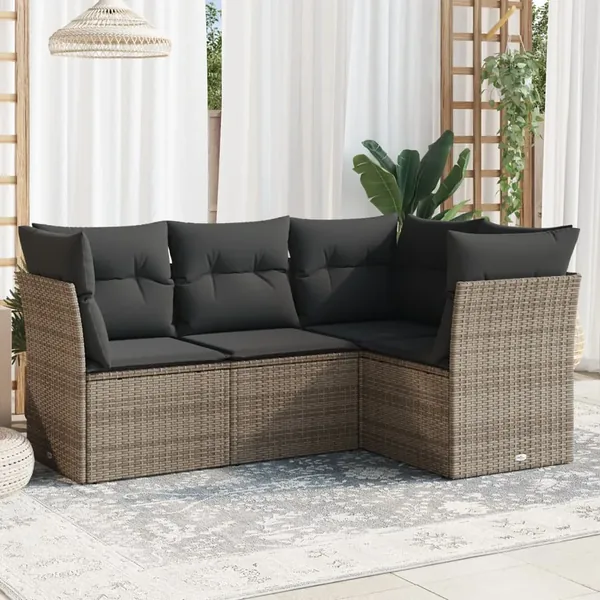 Salon de jardin 4 pcs avec coussins gris résine tressée