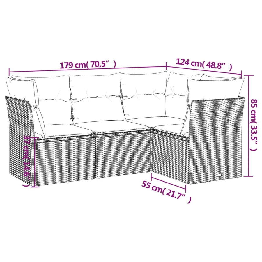 Salon de jardin 4 pcs avec coussins gris résine tressée - 3