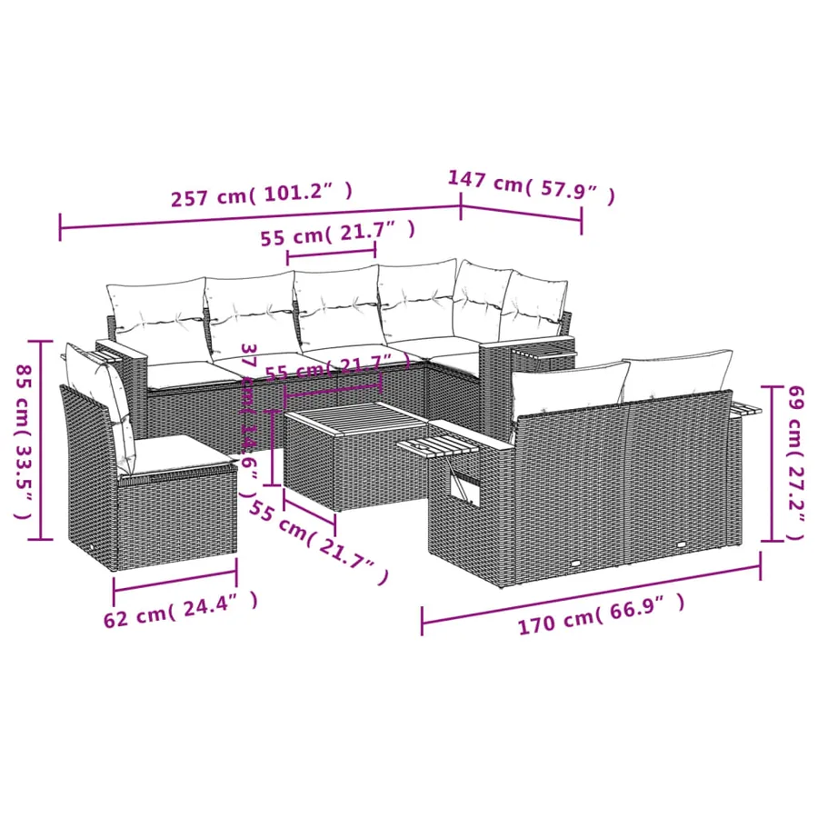 Salon de jardin avec coussins 9 pcs beige résine tressée - 9