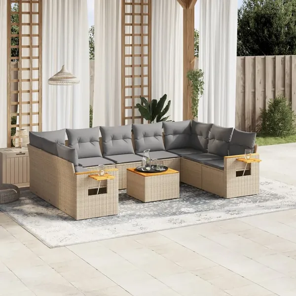 Salon de jardin avec coussins 10 pcs beige résine tressée