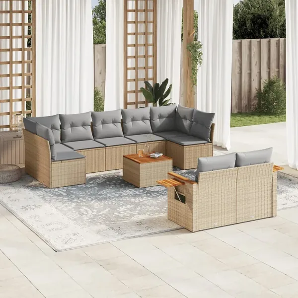 Salon de jardin avec coussins 10 pcs beige résine tressée