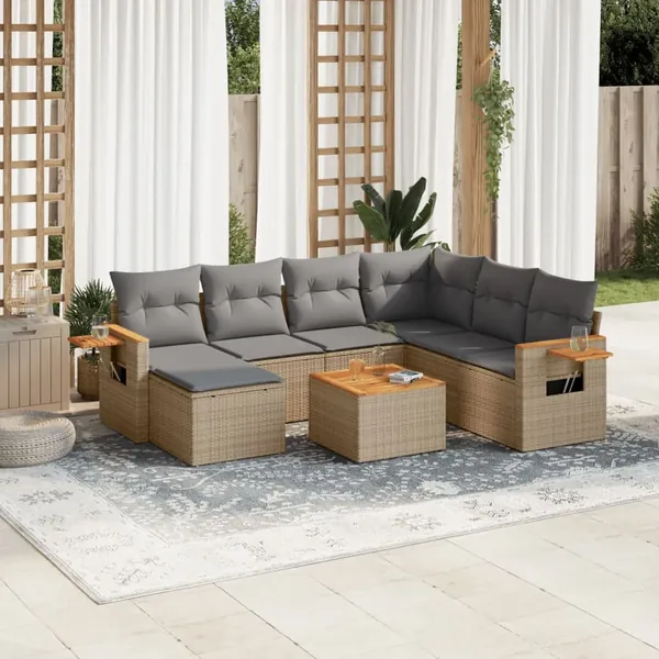 Salon de jardin avec coussins 8 pcs beige résine tressée