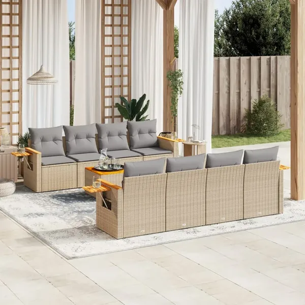 Salon de jardin avec coussins 9 pcs beige résine tressée