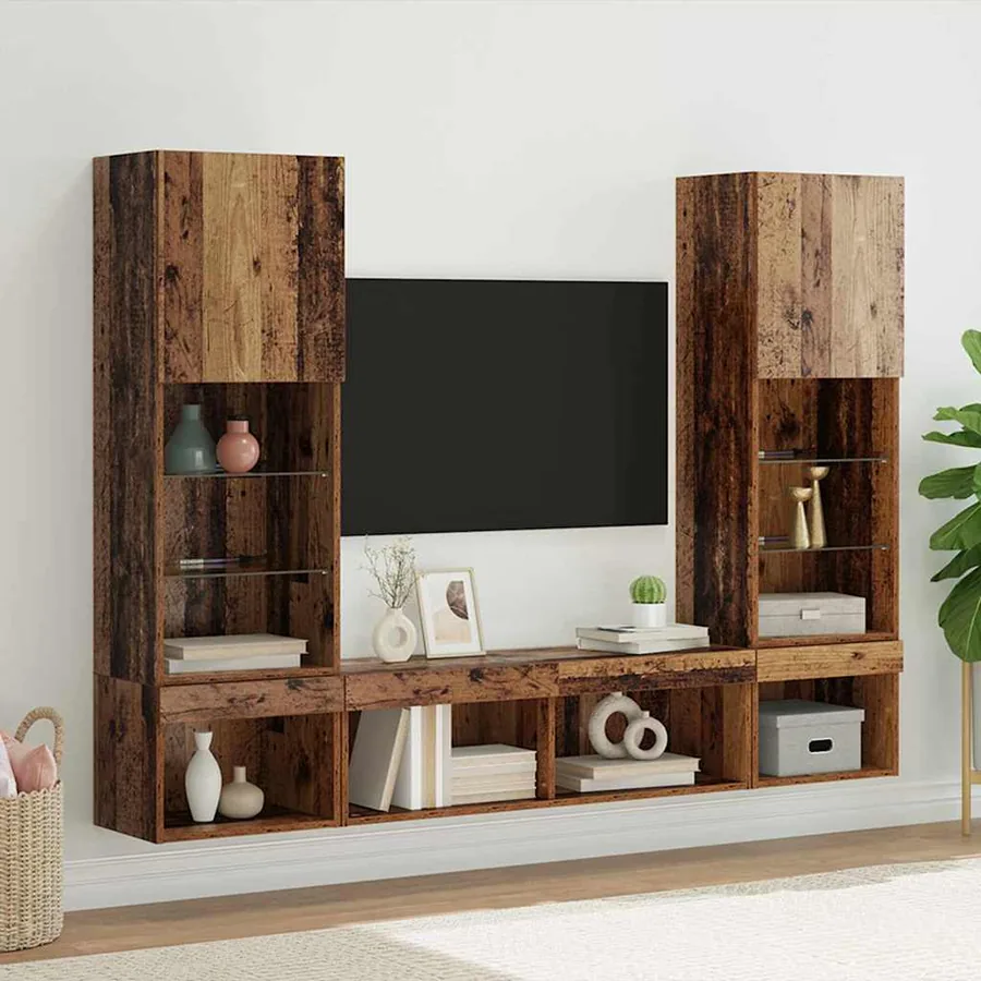 Unités murales TV avec LED 5 pcs Bois ancien Bois d'ingénierie