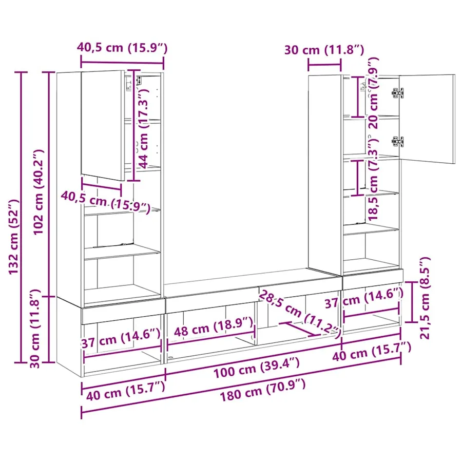 Unités murales TV avec LED 5 pcs Bois ancien Bois d'ingénierie - 17