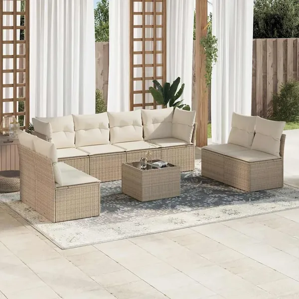 Salon de jardin avec coussins 9 pcs beige résine tressée