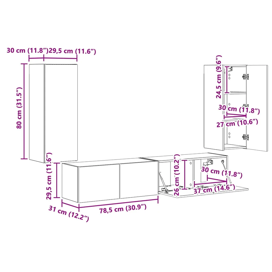 Ensemble de meuble TV mural 4 pcs Gris béton Bois d'ingénierie - 13