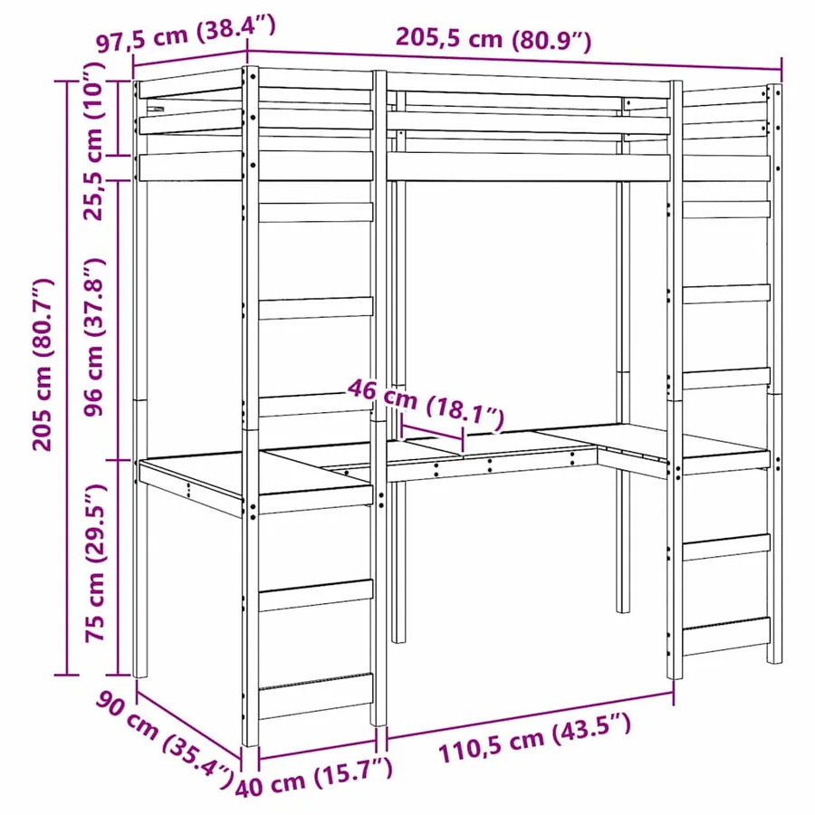 Cadre de lit mezzanine Naturel 90 x 200 cm Pin massif - 10