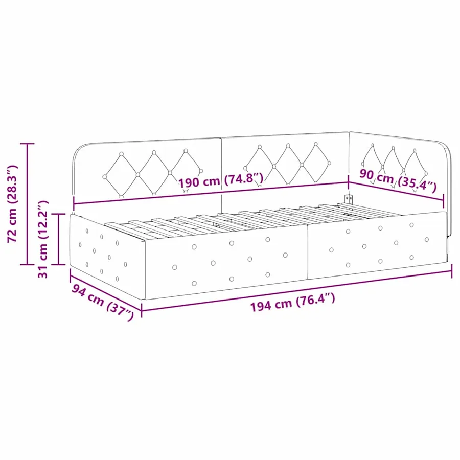 Cadre de lit d'angle Gris clair 90 x 190 cm tissu - 11