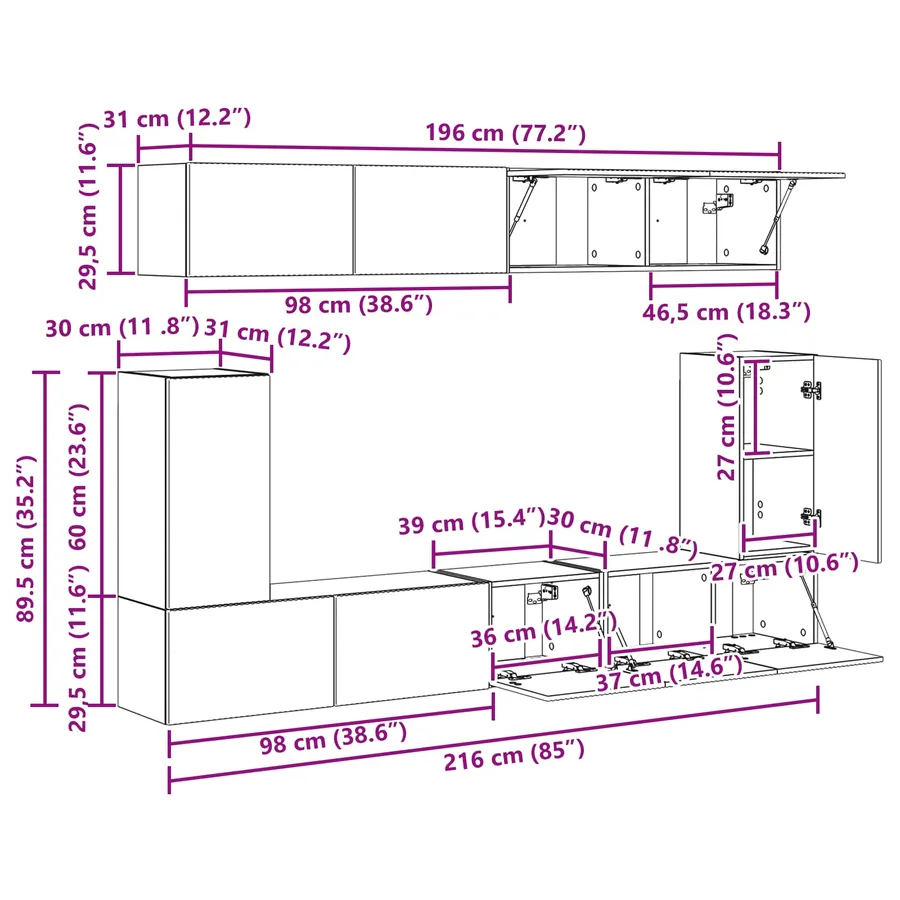 Ensemble meuble TV Montage mural 5 pcs Blanc Bois d'ingénierie - 17