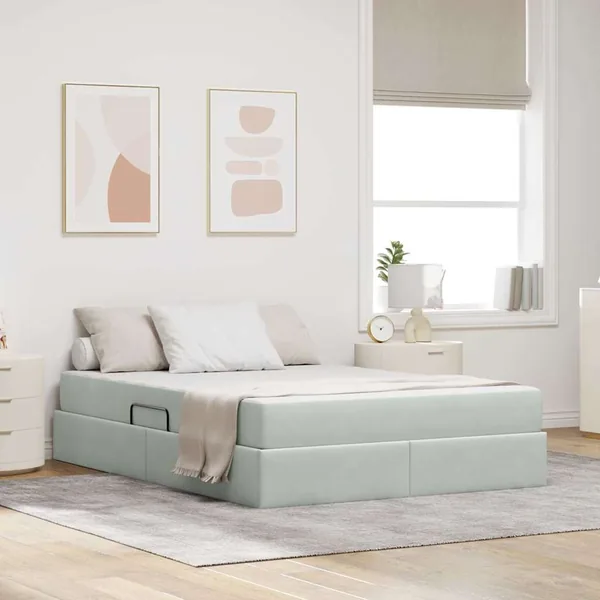 Lit avec rangement et matelas Gris clair 140 x 190 cm Velours