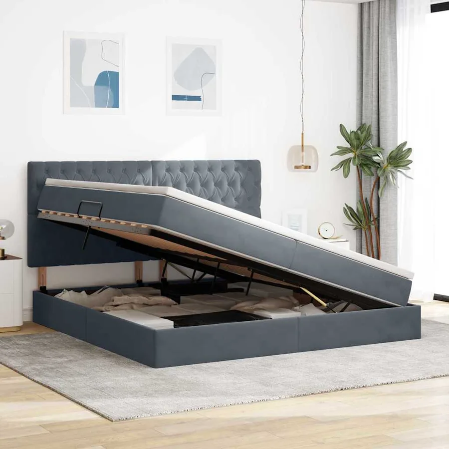 Lit avec rangement et matelas Gris foncé 200 x 200 cm Velours - 4