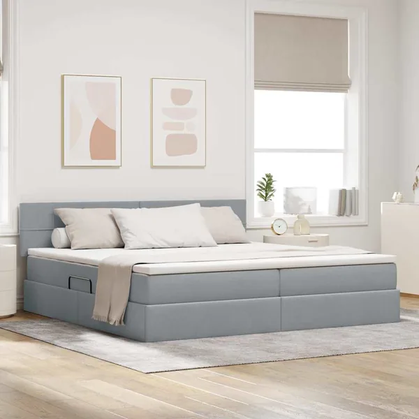 Lit de rangement LED avec matelas Gris clair 200 x 200 cm Tissu