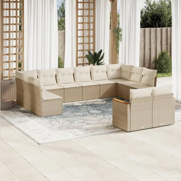 Salon de jardin avec coussins 12 pcs beige résine tressée