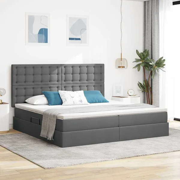 Lit de rangement LED avec matelas Gris foncé 200 x 200 cm Tissu