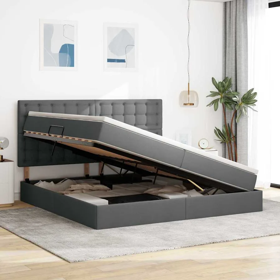 Lit de rangement LED avec matelas Gris foncé 200 x 200 cm Tissu - 4