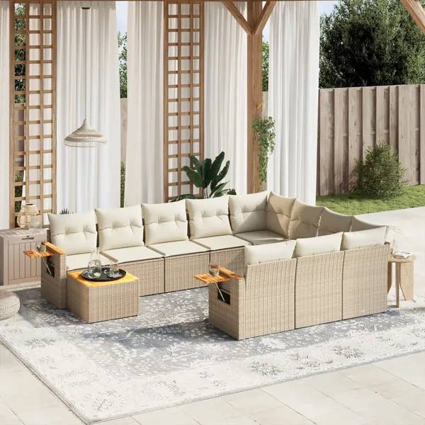 Salon de jardin 11 pcs avec coussins beige résine tressée