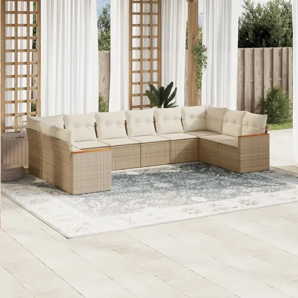 Salon de jardin avec coussins 10 pcs beige résine tressée