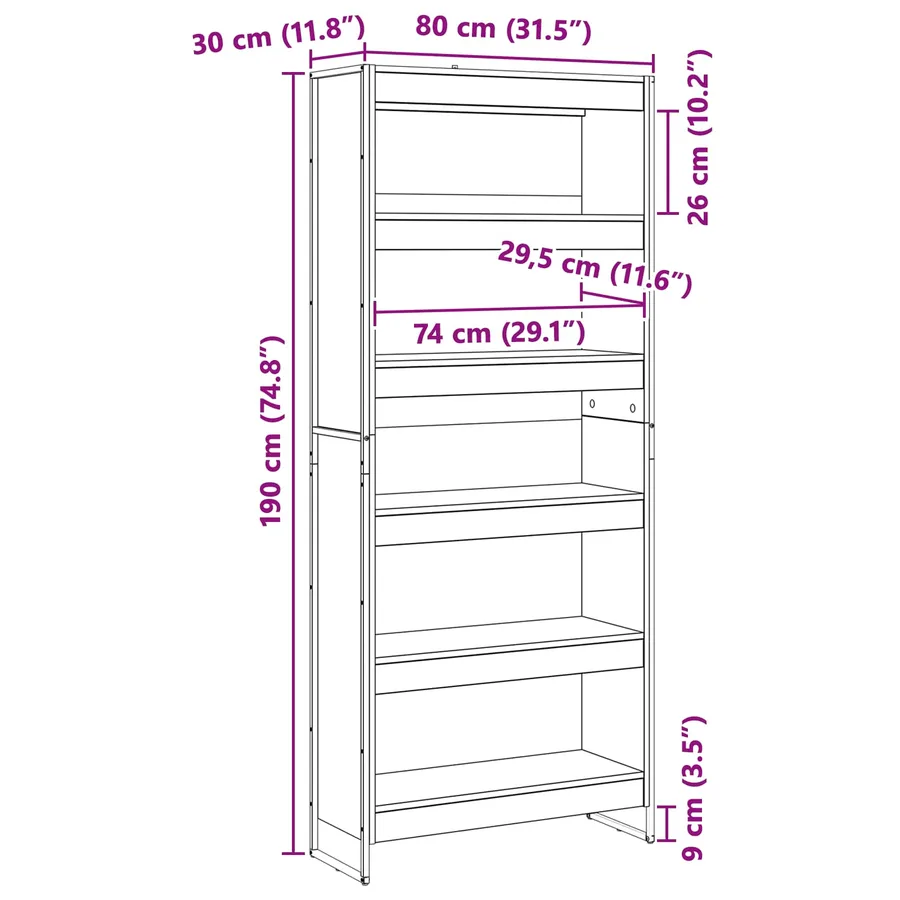 Bibliothèque 80 x 30 x 189,5 cm Bois d'ingénierie Gris Sonoma - 11