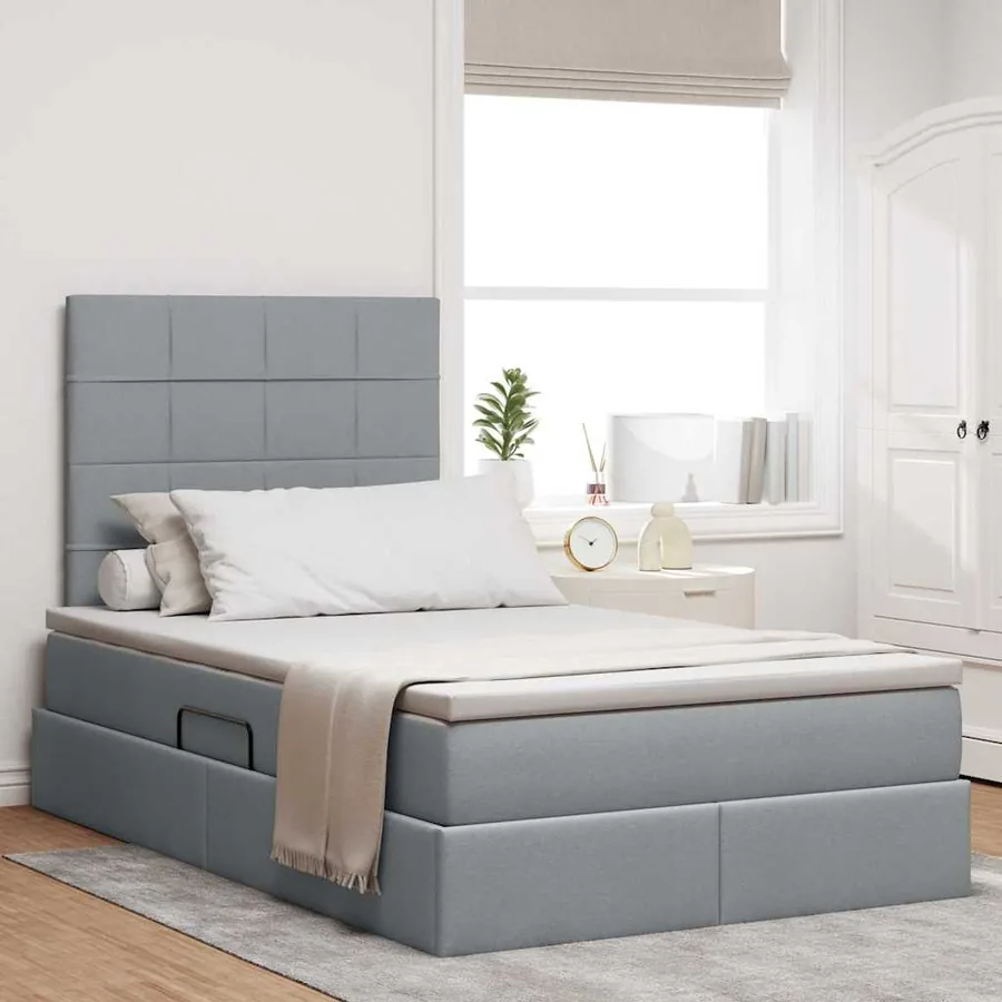 Lit de rangement LED avec matelas Gris clair 120 x 200 cm Tissu