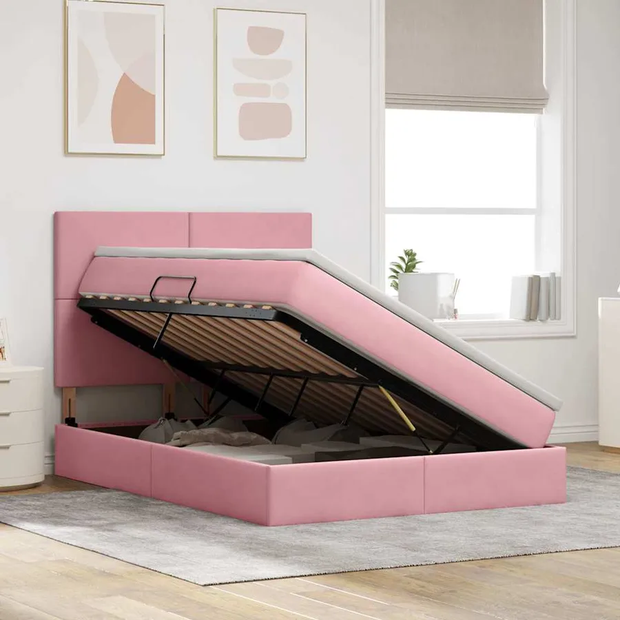 Lit avec rangement et matelas Rose 140 x 190 cm Velours - 4