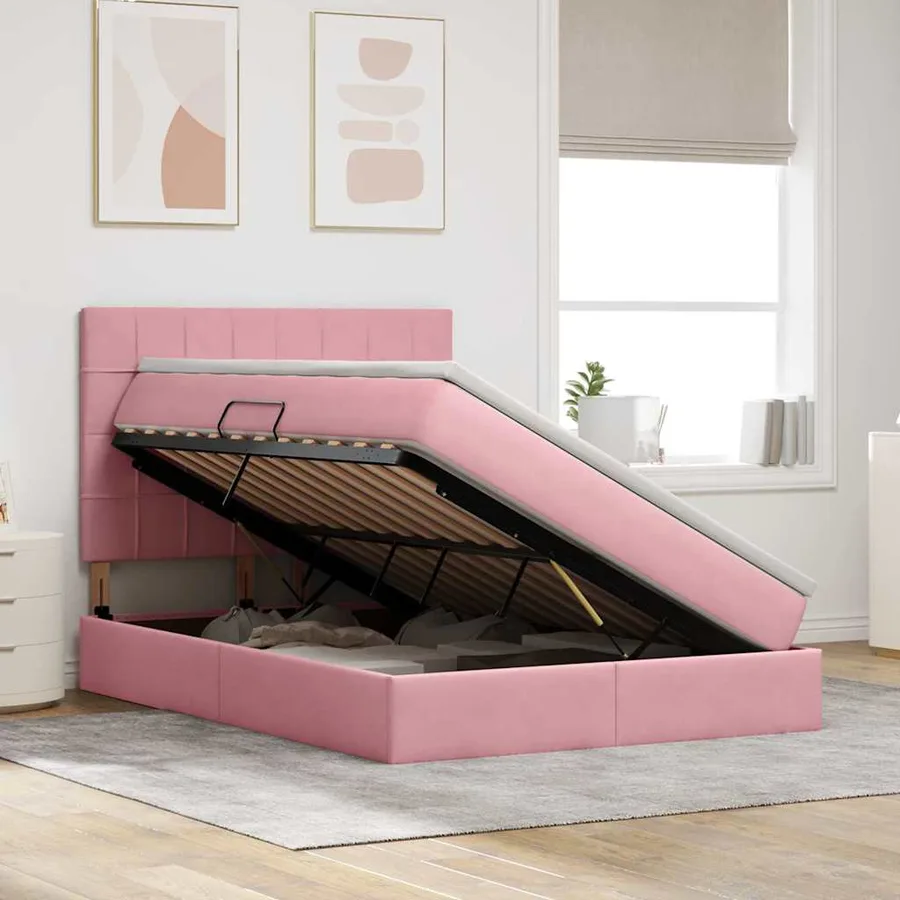 Lit de rangement LED avec matelas Rose 140 x 190 cm Velours - 4