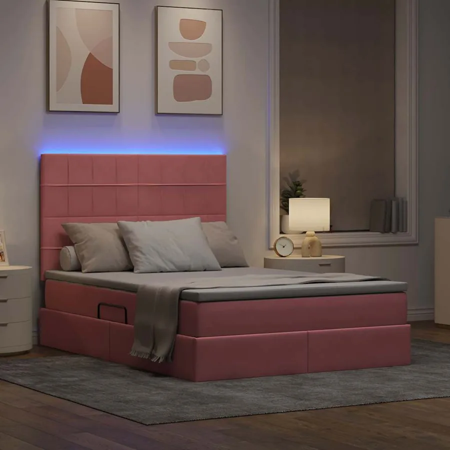 Lit de rangement LED avec matelas Rose 140 x 190 cm Velours - 5