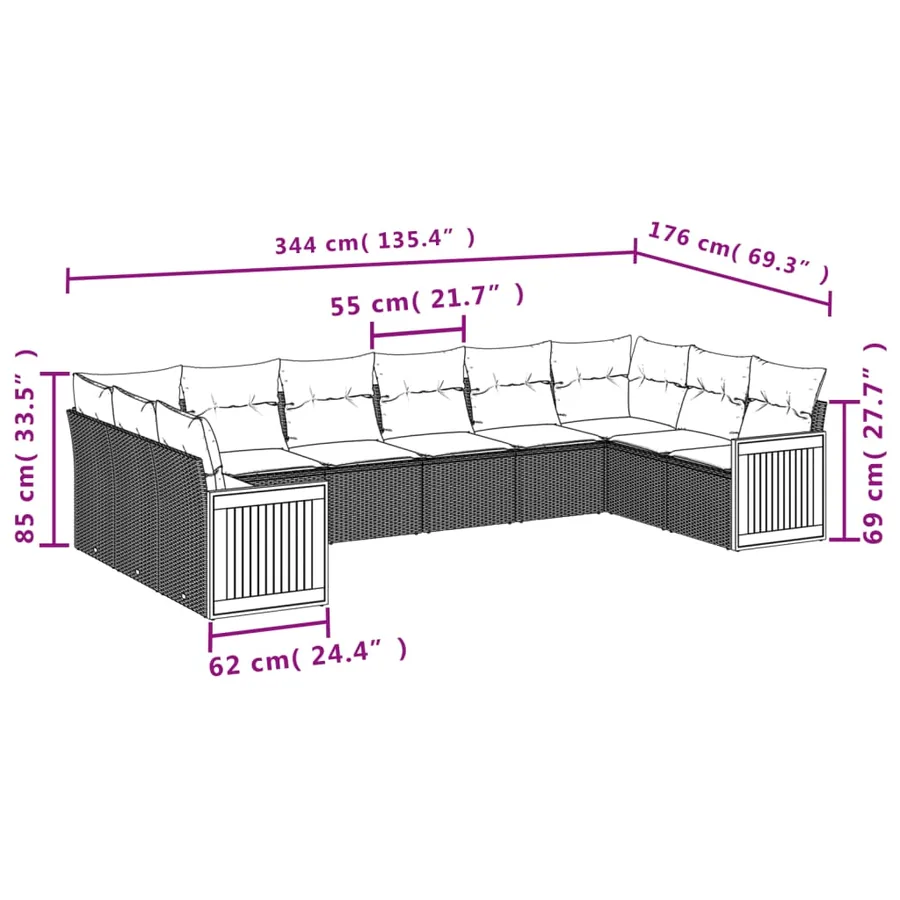 Salon de jardin avec coussins 10 pcs beige résine tressée - 7