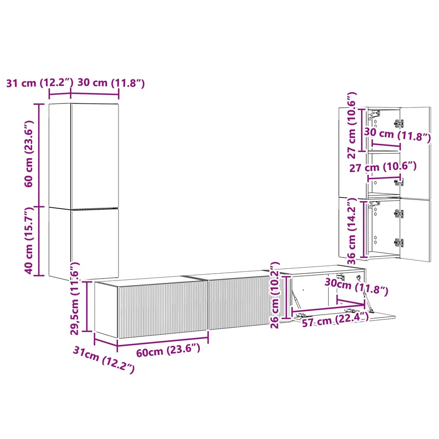 Ensemble meuble TV 4 pcs Gris béton Bois d'ingénierie - 16