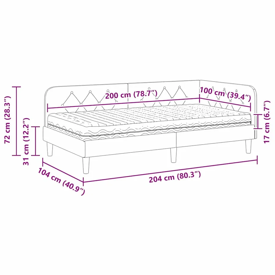 Cadre de lit d'angle Bordeaux 100 x 200 cm tissu - 14