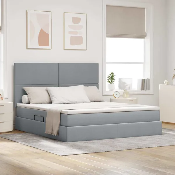 Lit avec rangement et matelas Gris clair 160 x 200 cm tissu