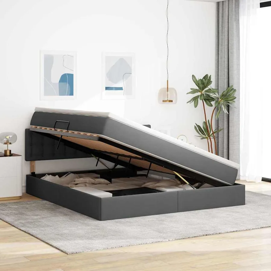 Lit de rangement LED avec matelas Gris foncé 160 x 200 cm Tissu - 4