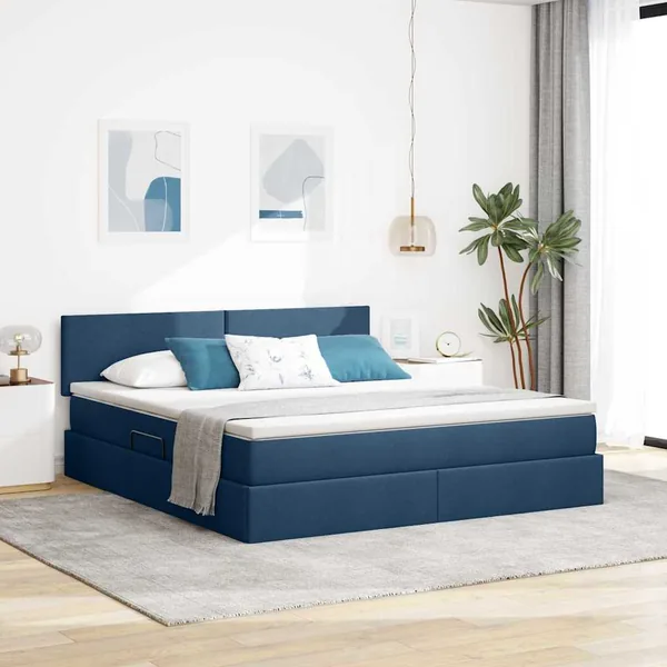 Lit de rangement LED avec matelas Bleu 160 x 200 cm Tissu