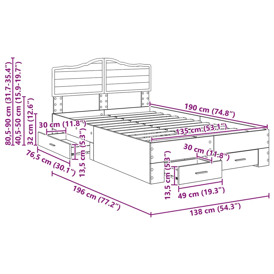 Cadre de lit Chêne fumé 135 x 190 cm Bois d'ingénierie - 14