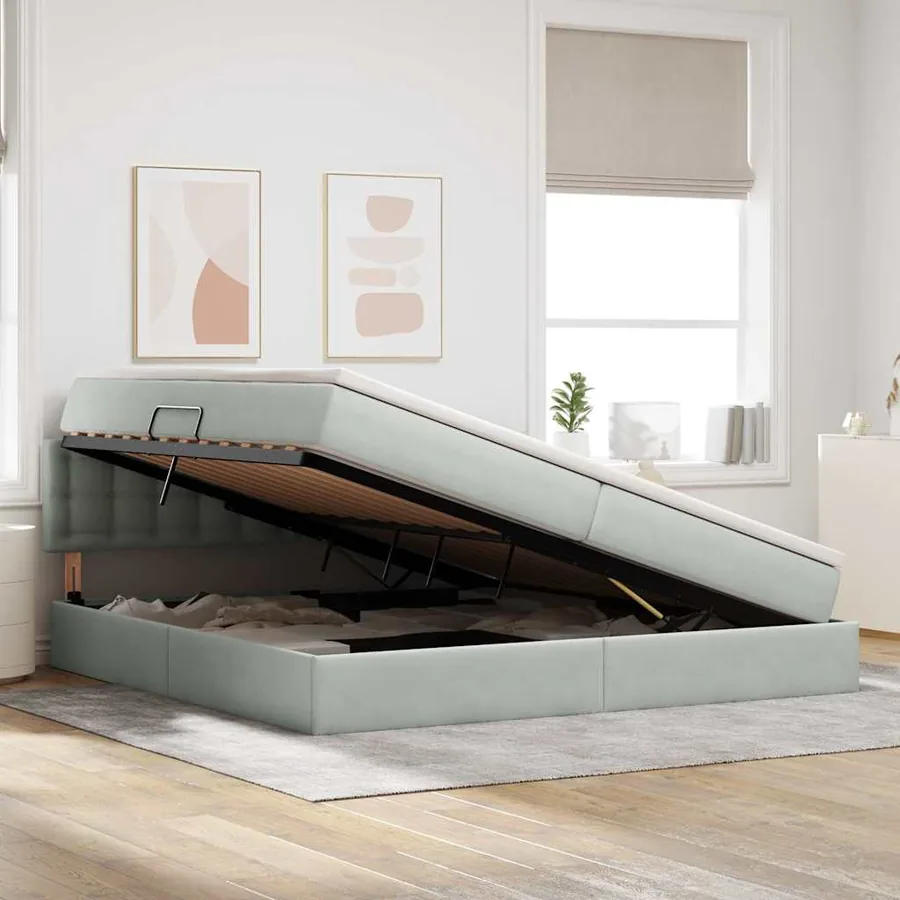 Lit de Rangement avec stockage Gris clair 200 x 200 cm Velours - 4
