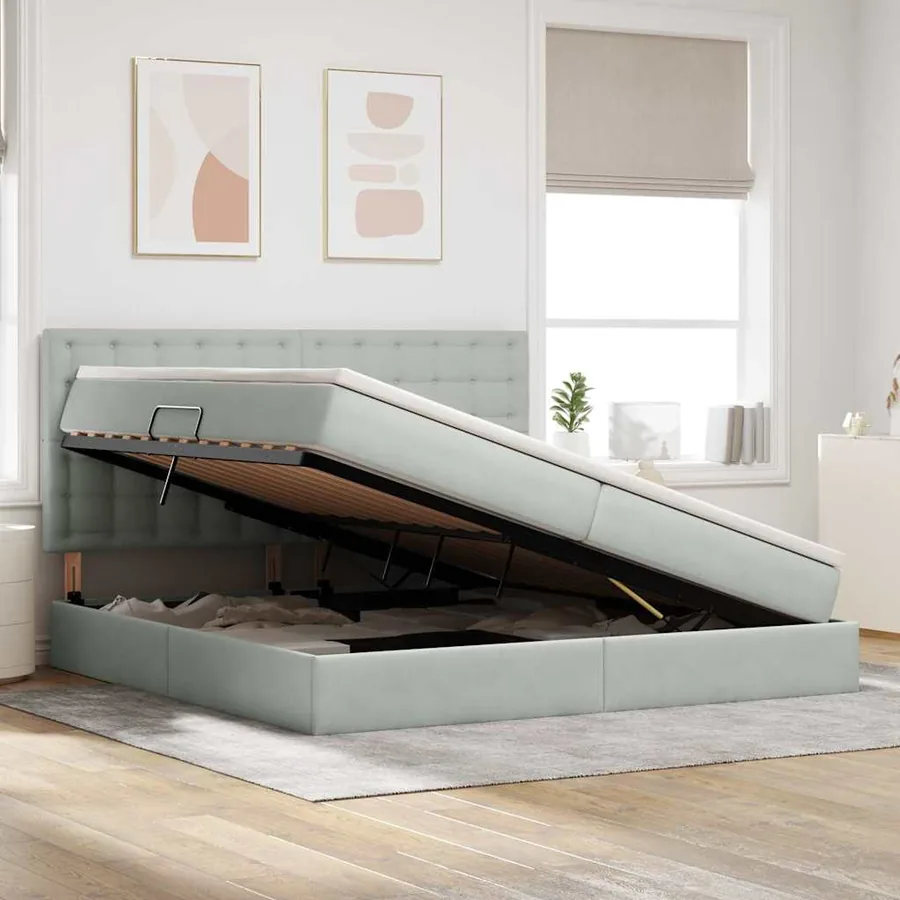 Lit avec rangement et matelas Gris clair 200 x 200 cm Velours - 4