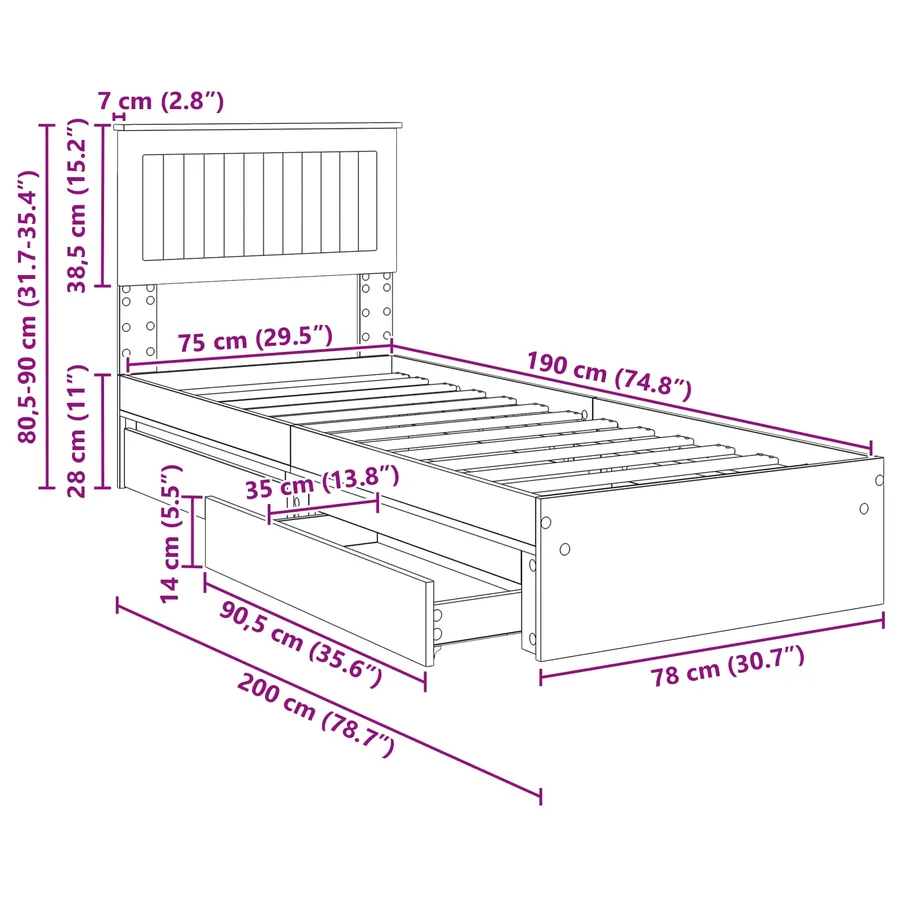 Lit de Rangement Gris Sonoma 75 x 190 cm Bois d'ingénierie - 14