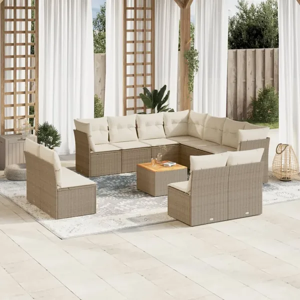 Salon de jardin avec coussins 12 pcs beige résine tressée