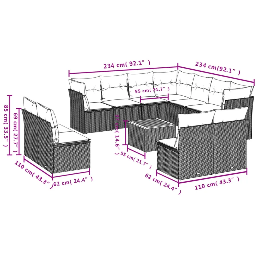 Salon de jardin avec coussins 12 pcs beige résine tressée - 3