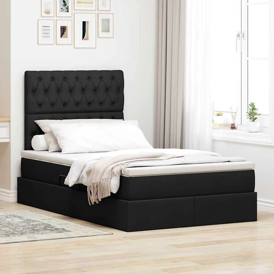 Lit avec rangement et matelas Noir 120 x 200 cm tissu